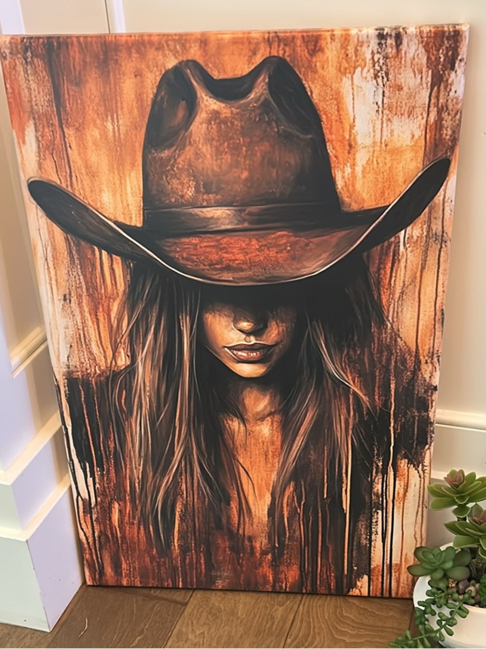 Western Cowgirl Portrait Canvas Art - Brown and Tan